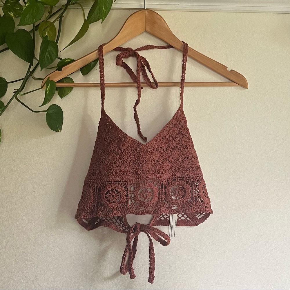 Free People Crochet Tie-Back Halter Cami Crop Top Bralette Dusty Rose Rust S